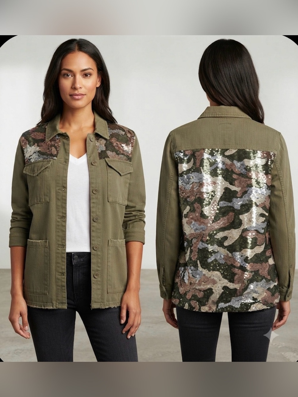 one 5 one Olive Green camo Sequin Accent Jacket Sz small